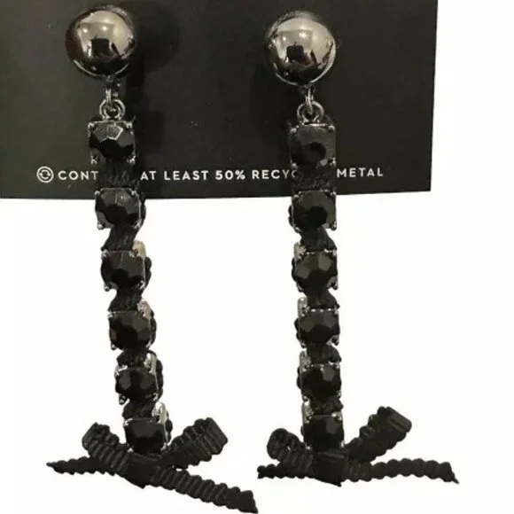 VERA WANG Goth Gunmetal Black Crystal/Black Ribbon Drop Earrings**NEW! - Picture 4 of 6